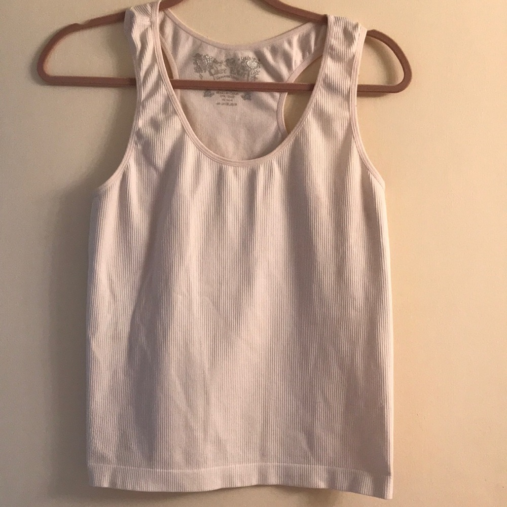 White scoop neck ribbed tank with cut shoulders